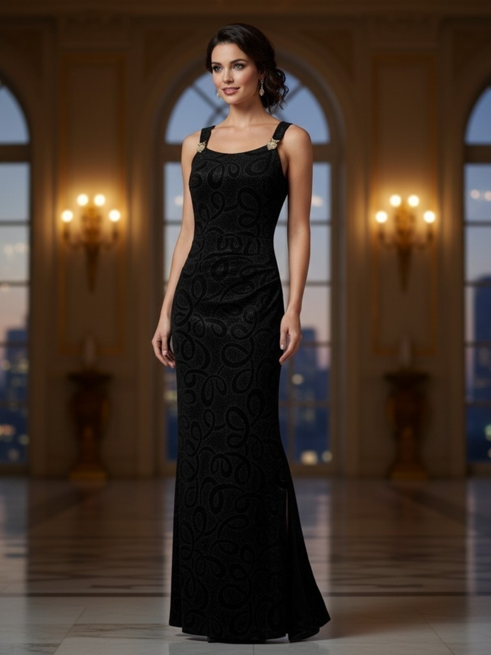 Vintage 90s Scott McClintock Glitter Black Velvet Open Back Maxi Dress Size 8